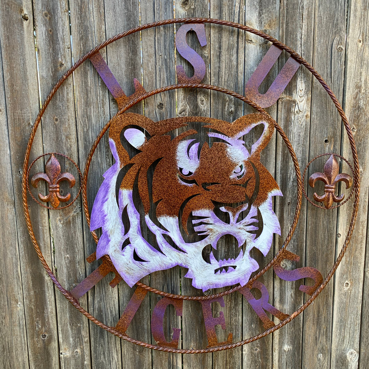 LSU TIGERS PURPLE WHITE CUSTOM METAL VINTAGE CRAFT SIGN TEAM WALL ART WESTERN HOME DECOR HANDMADE