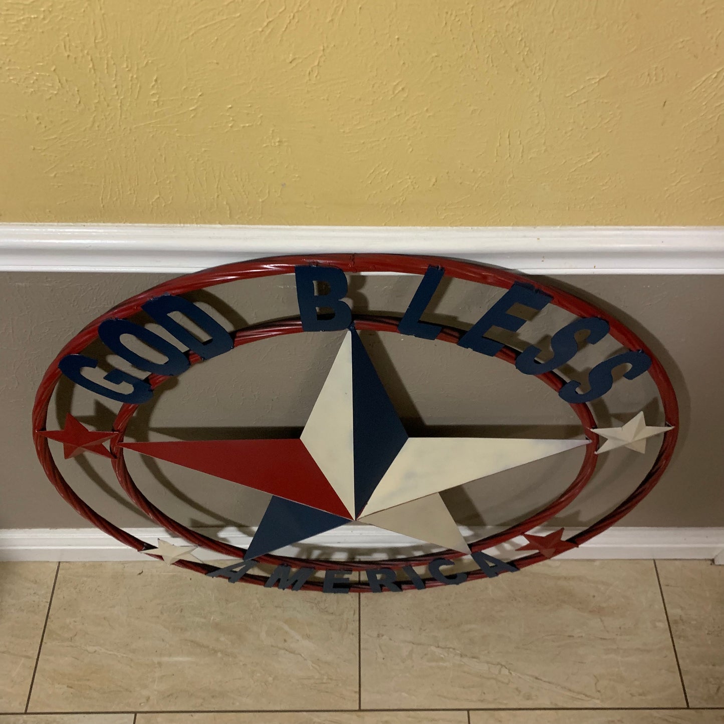 #EH10489 GOD BLESS AMERICA USA FLAG BARN STAR METAL RED WHITE BLUE WESTER HOME DECOR HANDMADE NEW
