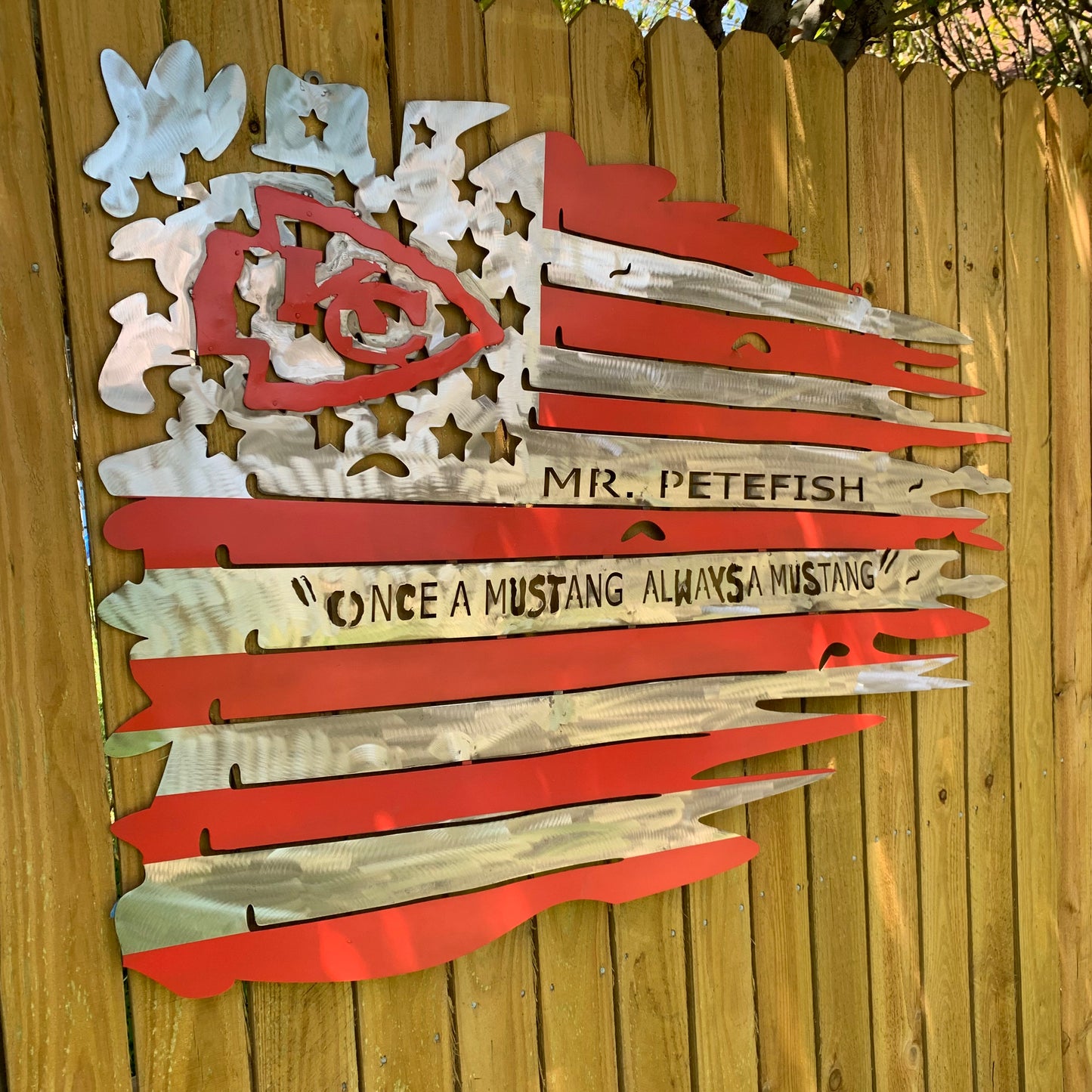 CUSTOM NAME KANSAS CITY CHIEFS METAL TATTERED FLAG CUSTOM VINTAGE CRAFT WALL ART HANDMADE