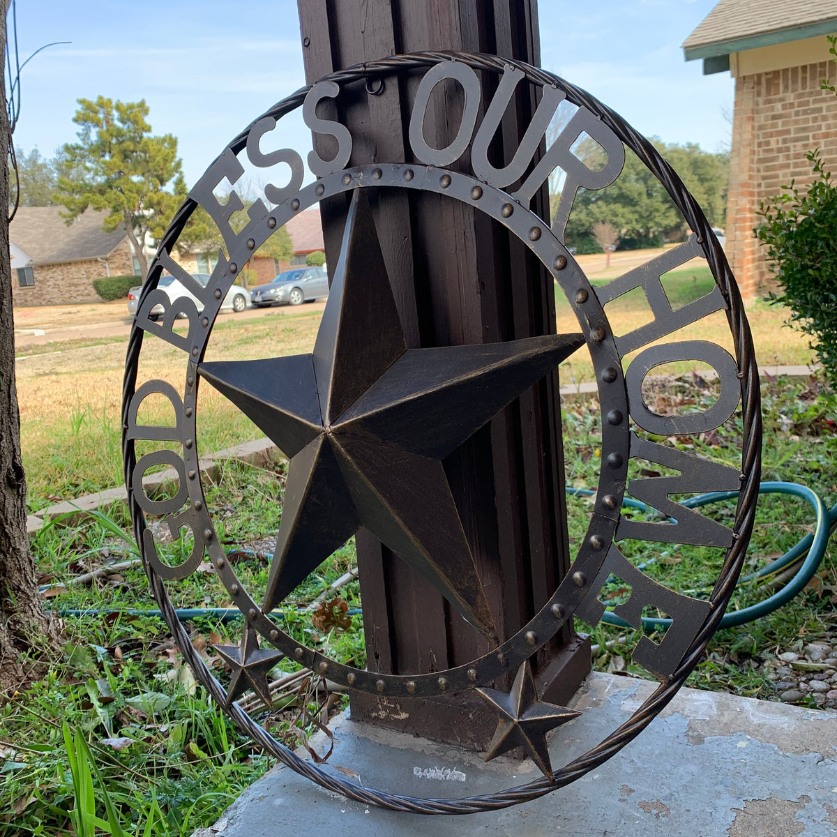 24" GOD BLESS OUR HOME BEADED STAR COLIBROX METAL TWISTED ROPE RING LONE STAR WALL ART WESTERN HOME DECOR RUSTIC DARK BRONZE COPPER HANDMADE NEW