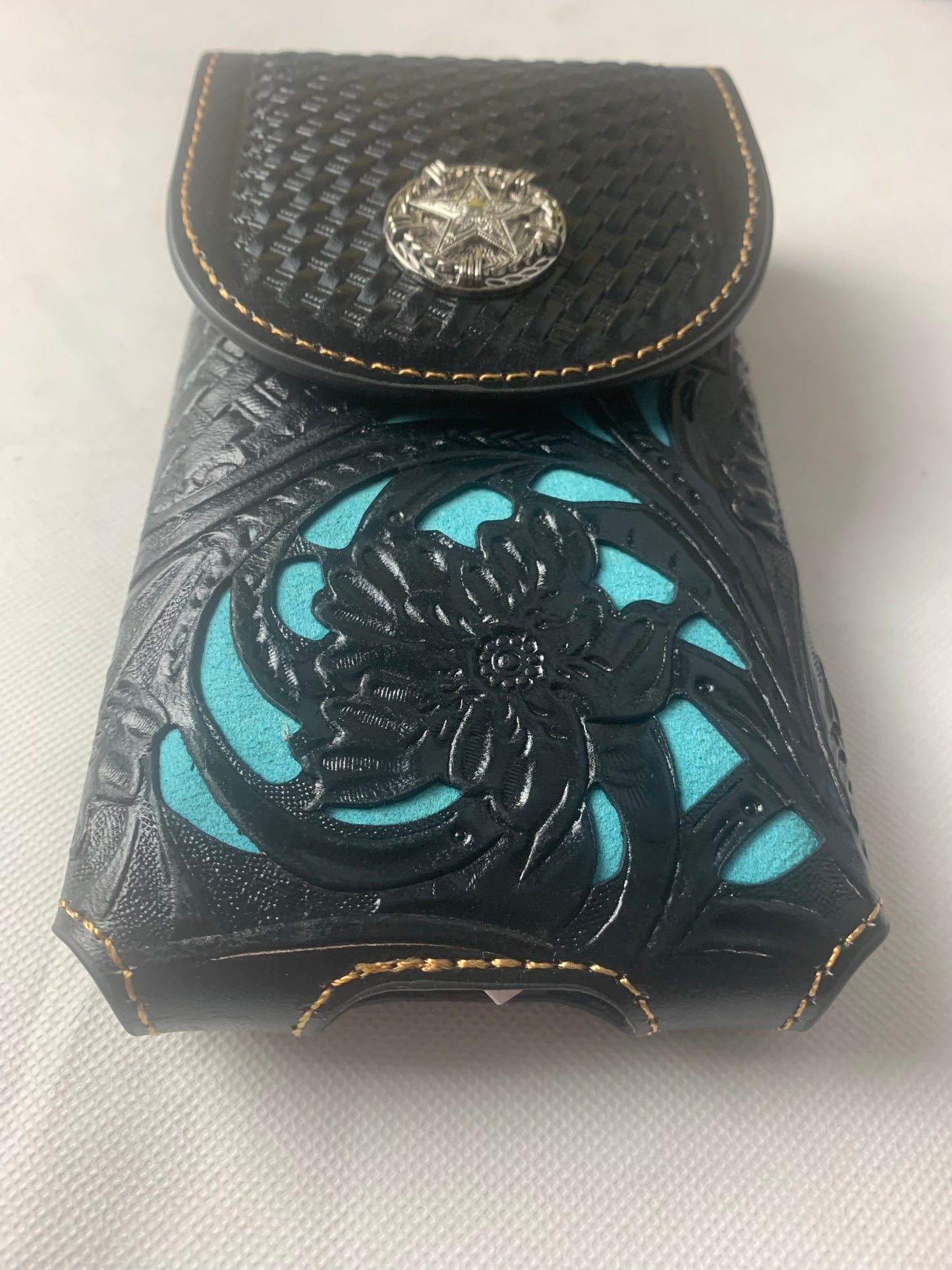 7" LONE STAR BLACK & TURQUOISE LEATHER HOLSTER POUCH EXTRA LARGE  BELT LOOP CELL PHONE CASE UNIVERSAL OVERSIZE--FREE SHIPPING