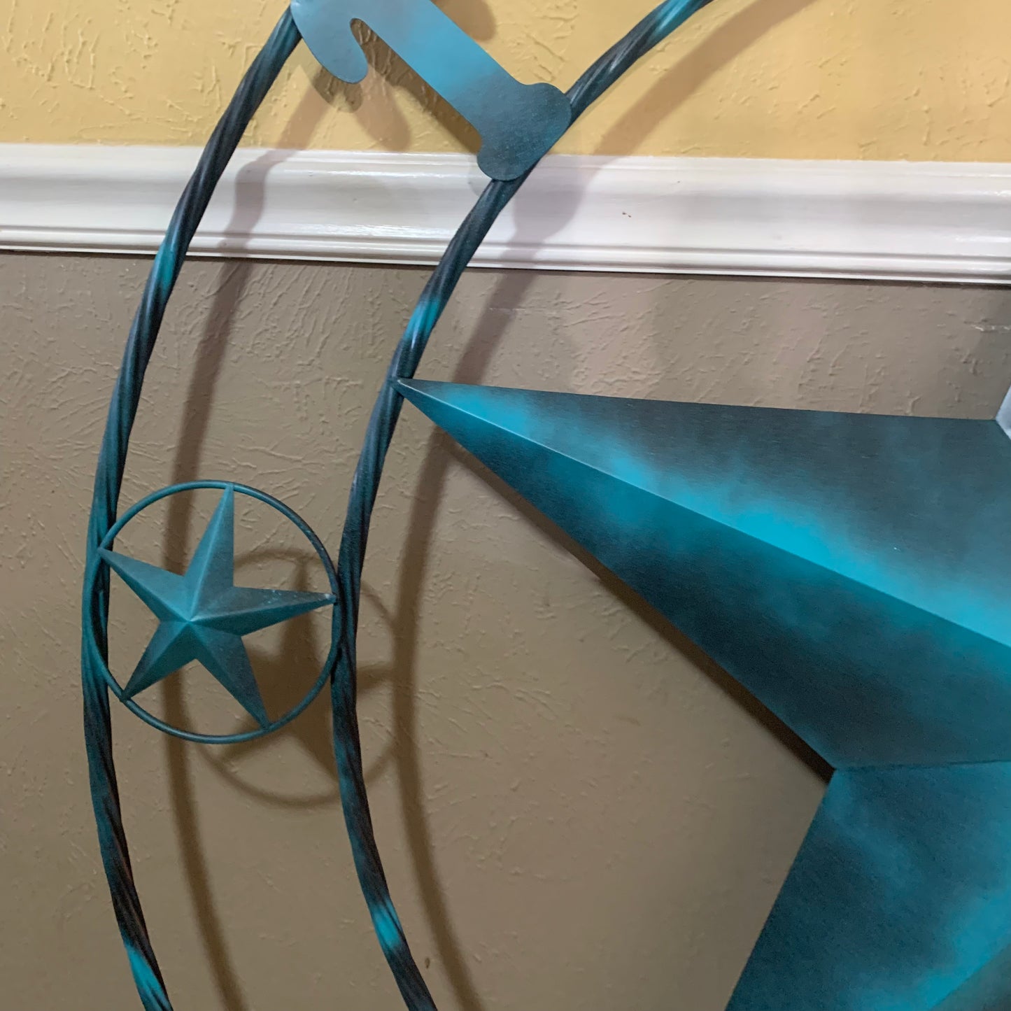 TEXAS LONESTAR TURQUOISE DISTRESSED TWO TONE METAL BARN STAR TWISTED ROPE RING WALL ART WESTERN HOME DECOR HANDMADE NEW #EH10483