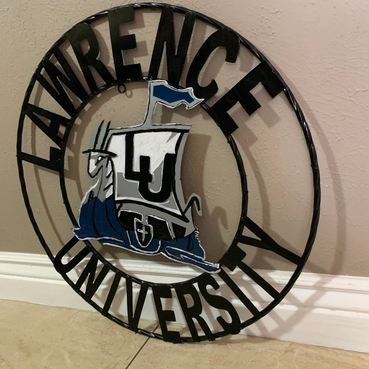 LAWRENCE UNIVERSITY METAL CUSTOM VINTAGE CRAFT WALL ART RUSTIC BLUE SILVER WHITE TEAM SIGN HANDMADE