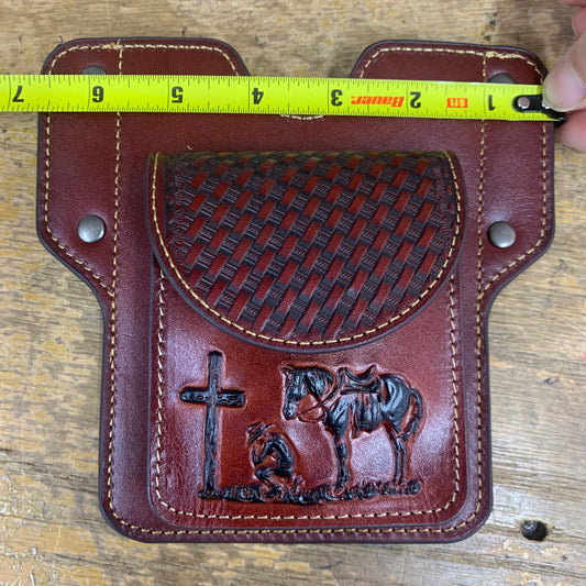 7" x 6" PRAYER BURGUNDY GENUINE SHOOTING LEATHER POUCH BELT LOOP HANDMADE NEW -- FREE SHIPPING