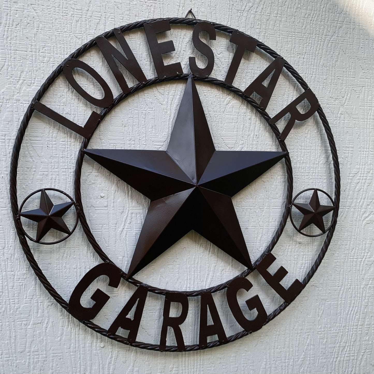 LONESTAR GARAGE STYLE CUSTOM BARN NAME STAR LONESTAR GARAGE METAL NAME BARN STAR WITH TWISTED ROPE RING 3d STAR ART WESTERN HOME DECOR RUSTIC BROWN