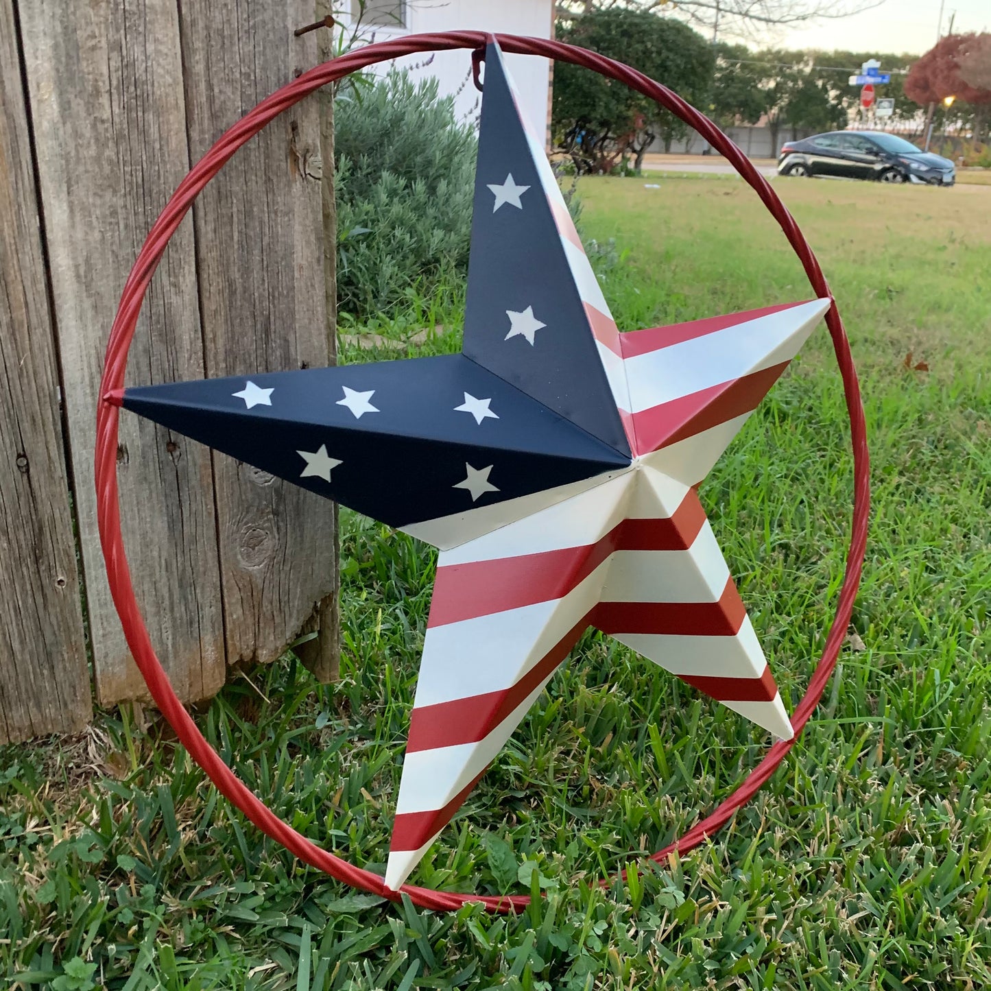 AMERICAN Flag USA Metal Barn Star RED, WHITE & BLUE WITH RED Rope Ring Western Home Decor Handmade 12",16",24",30",34",36",40",48"