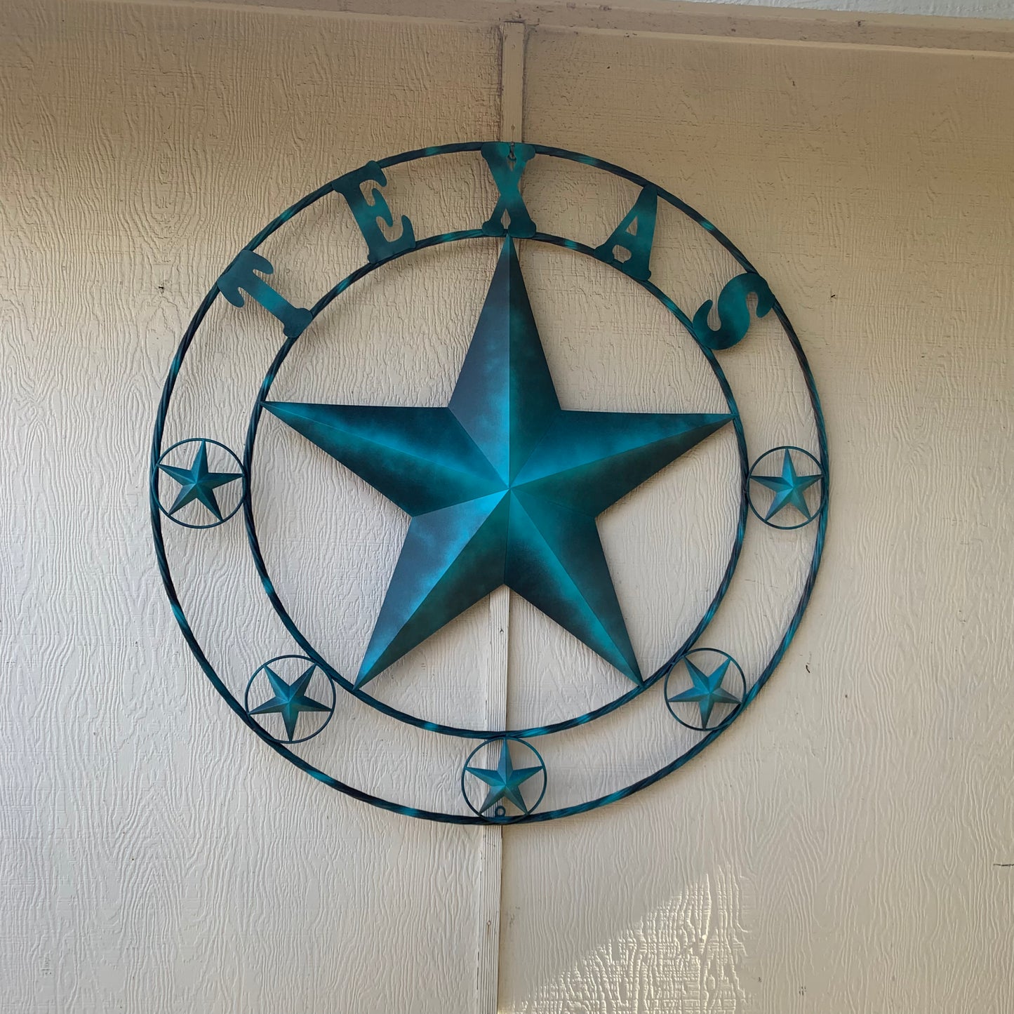 TEXAS LONESTAR TURQUOISE DISTRESSED TWO TONE METAL BARN STAR TWISTED ROPE RING WALL ART WESTERN HOME DECOR HANDMADE NEW #EH10483