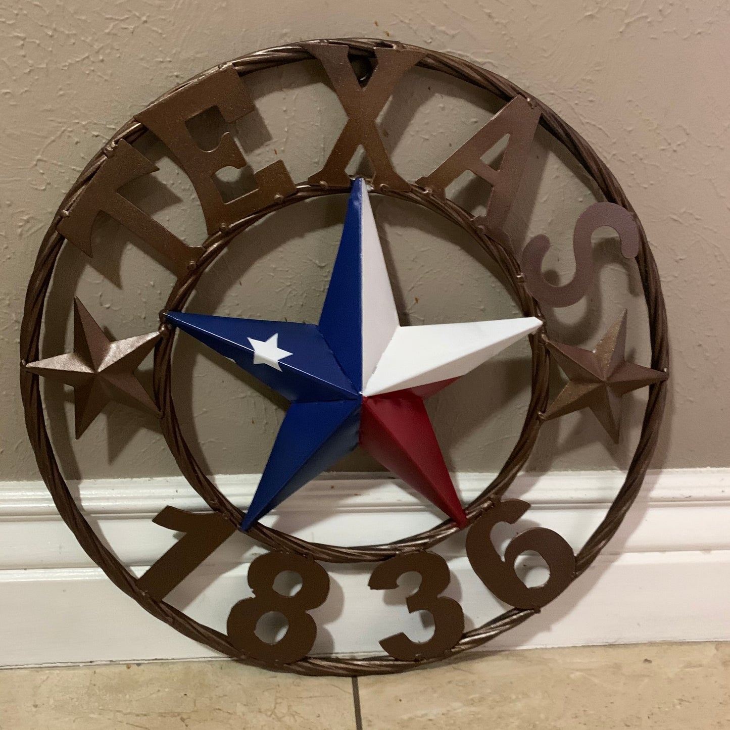 16" TEXAS 1836 RED WHITE BLUE TEXAS FLAG STAR BRONZE RING METAL BARN STAR WESTERN HOME DECOR HANDMADE NEW ART