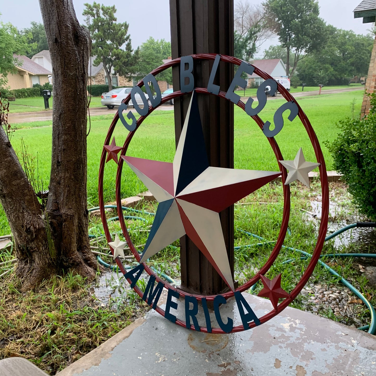 #EH10489 GOD BLESS AMERICA USA FLAG BARN STAR METAL RED WHITE BLUE WESTER HOME DECOR HANDMADE NEW