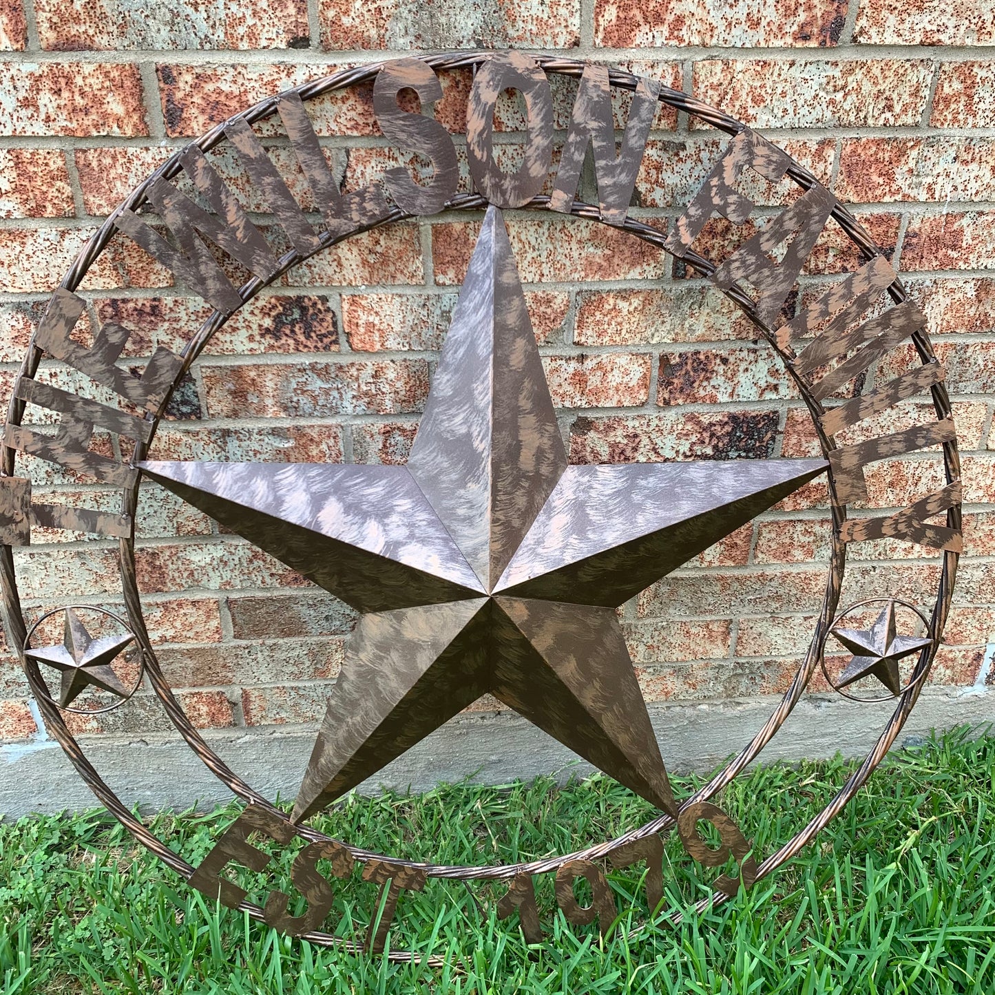 COLOMINA STYLE YOUR CUSTOM NAME BARN STAR BRONZE BRUSH COPPER METAL STAR 3d TWISTED ROPE RING COLOMINA WESTERN HOME DECOR RUSTIC VINTAGE HANDMADE 24",32",36",40",42",44",46",50"