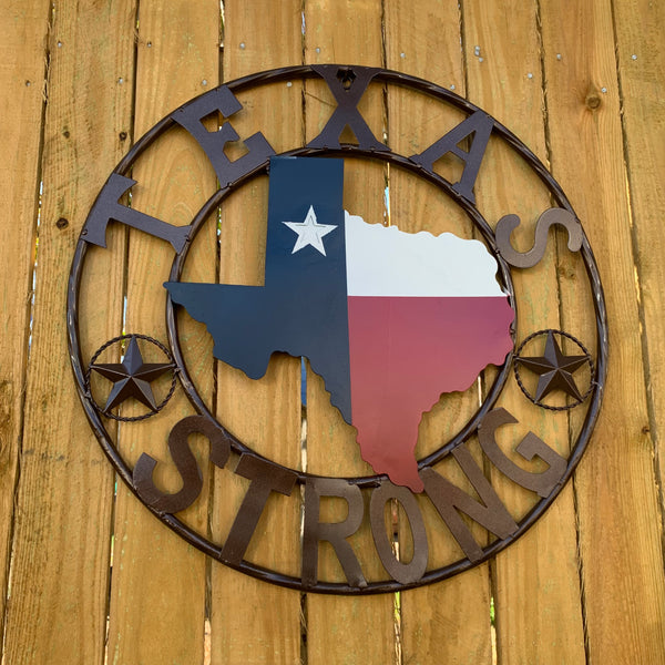 TEXAS STRONG SIGN METAL WALL ART WESTERN HOME DECOR RED WHITE BLUE WITH BRONZE RING HANDMADE #EH13212