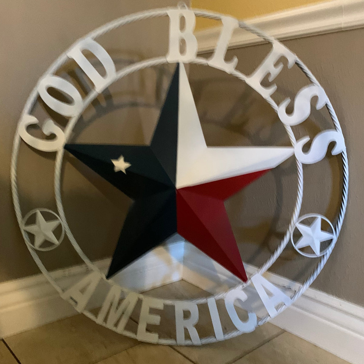 GOD BLESS AMERICA WHITE RING & RED WHITE BLUE BARN METAL STAR TWISTED RING HANDMADE NEW