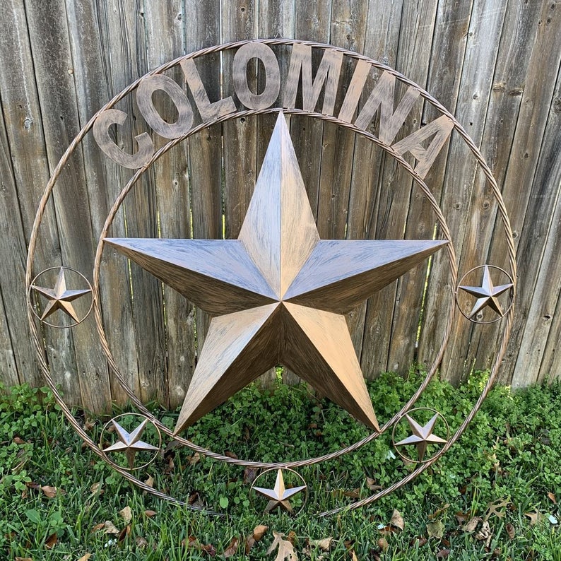 COLOMINA STYLE YOUR CUSTOM NAME BARN STAR BRONZE BRUSH COPPER METAL STAR 3d TWISTED ROPE RING COLOMINA WESTERN HOME DECOR RUSTIC VINTAGE HANDMADE 24",32",36",40",42",44",46",50"
