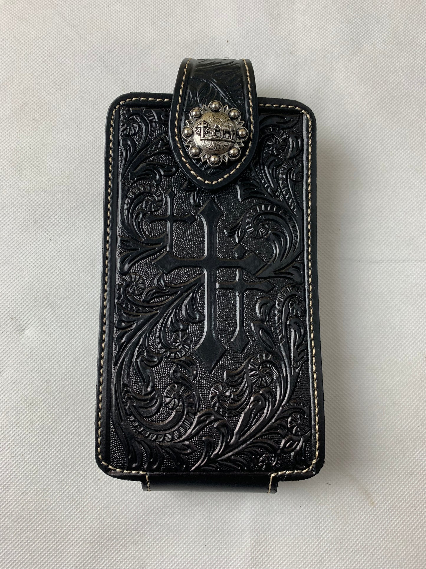 #WS341D 7" COWBOY PRAYER CROSS HOLSTER BLACK LEATHER POUCH EXTRA LARGE  BELT LOOP CELL PHONE CASE UNIVERSAL OVERSIZE--FREE SHIPPING