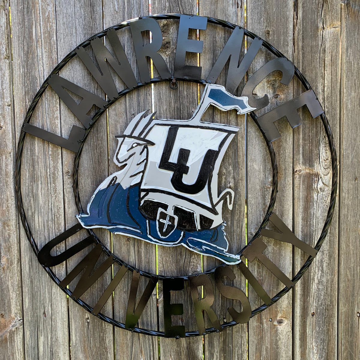 LAWRENCE UNIVERSITY METAL CUSTOM VINTAGE CRAFT WALL ART RUSTIC BLUE SILVER WHITE TEAM SIGN HANDMADE