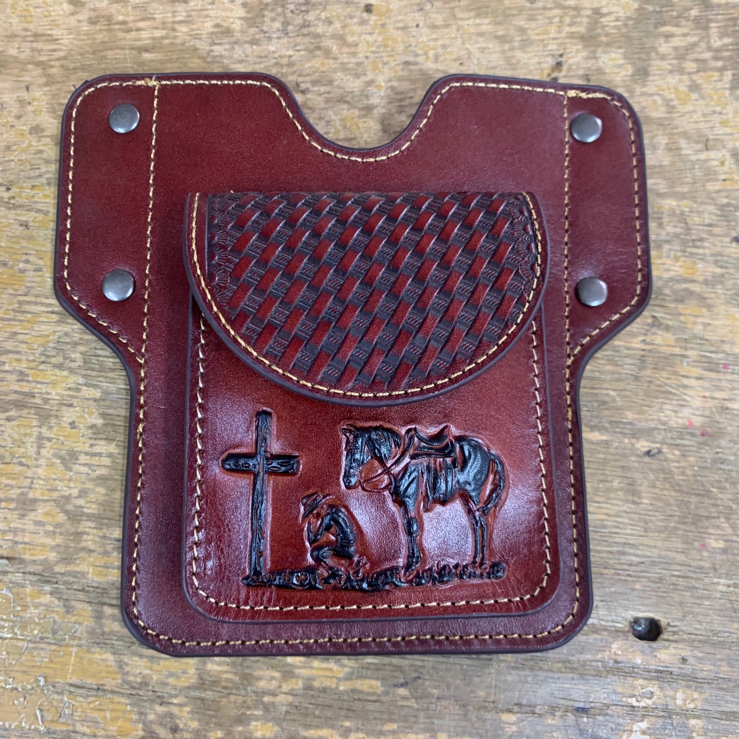 7" x 6" PRAYER BURGUNDY GENUINE SHOOTING LEATHER POUCH BELT LOOP HANDMADE NEW -- FREE SHIPPING