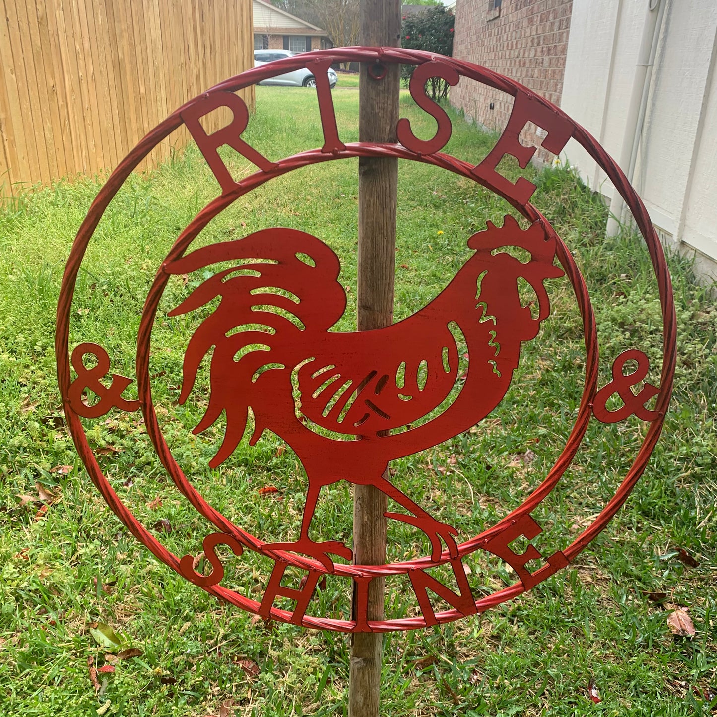 #SI_B9504 RISE & SHINE 24" RED ROOSTER CHICKEN METAL SIGN WESTERN HOME DECOR HANDMADE NEW