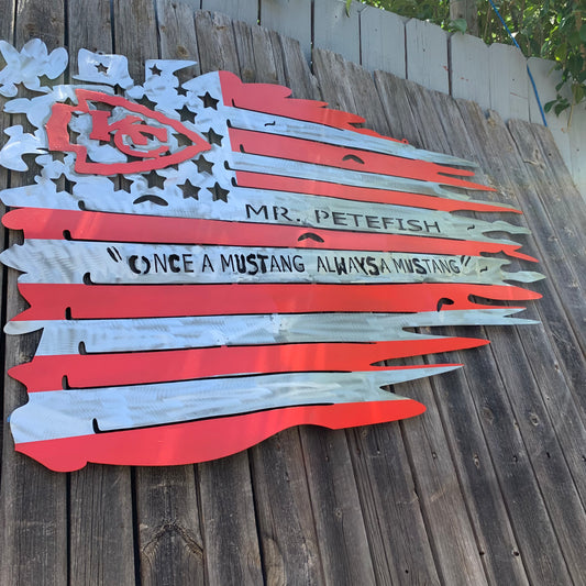 CUSTOM NAME KANSAS CITY CHIEFS METAL TATTERED FLAG CUSTOM VINTAGE CRAFT WALL ART HANDMADE