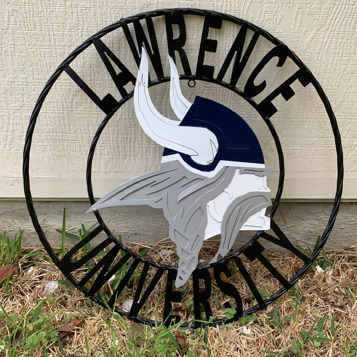 LAWRENCE UNIVERSITY METAL CUSTOM VINTAGE CRAFT WALL ART RUSTIC BLUE SILVER WHITE TEAM SIGN HANDMADE