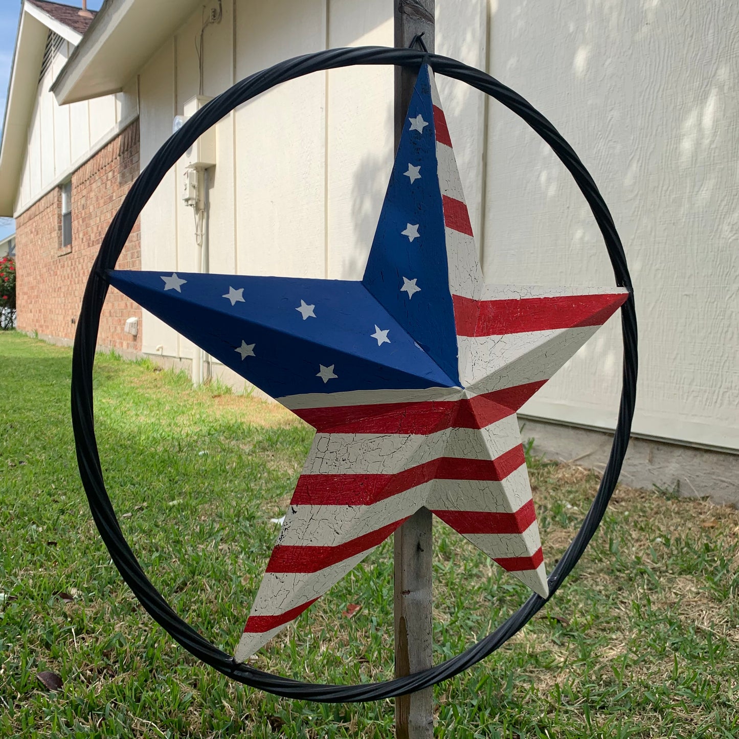 24" AMERICAN USA FLAG CRACKLE STAR METAL WALL ART WESTERN HOME DECOR HANDMADE NEW