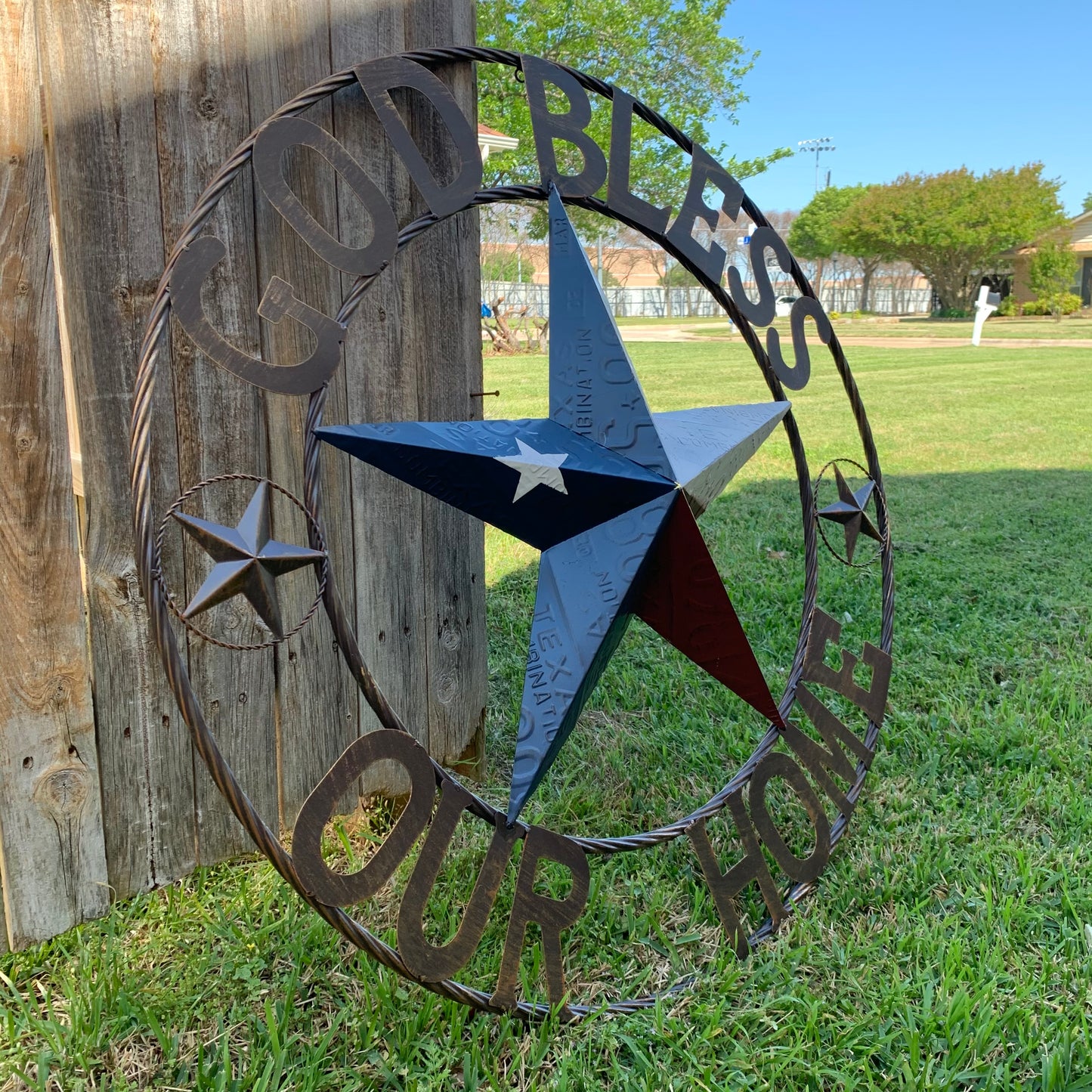 GOD BLESS OUR HOME LICENSE PLATE BARN METAL STAR ROPE RING WALL ART WESTERN HOME DECOR RED WHITE BLUE HANDMADE #EH12927