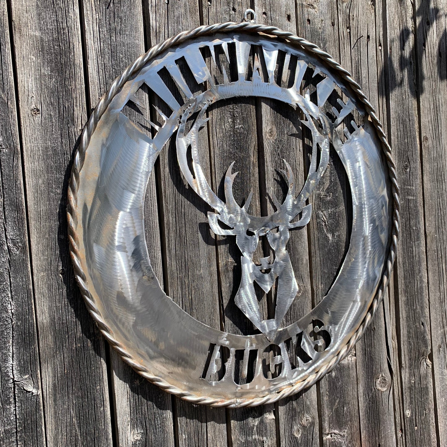 24" MILWAUKEE BUCKS RAW METAL WIDE BAND DISC STYLE METAL CUSTOM VINTAGE CRAFT TEAM SPORTS SIGN HANDMADE
