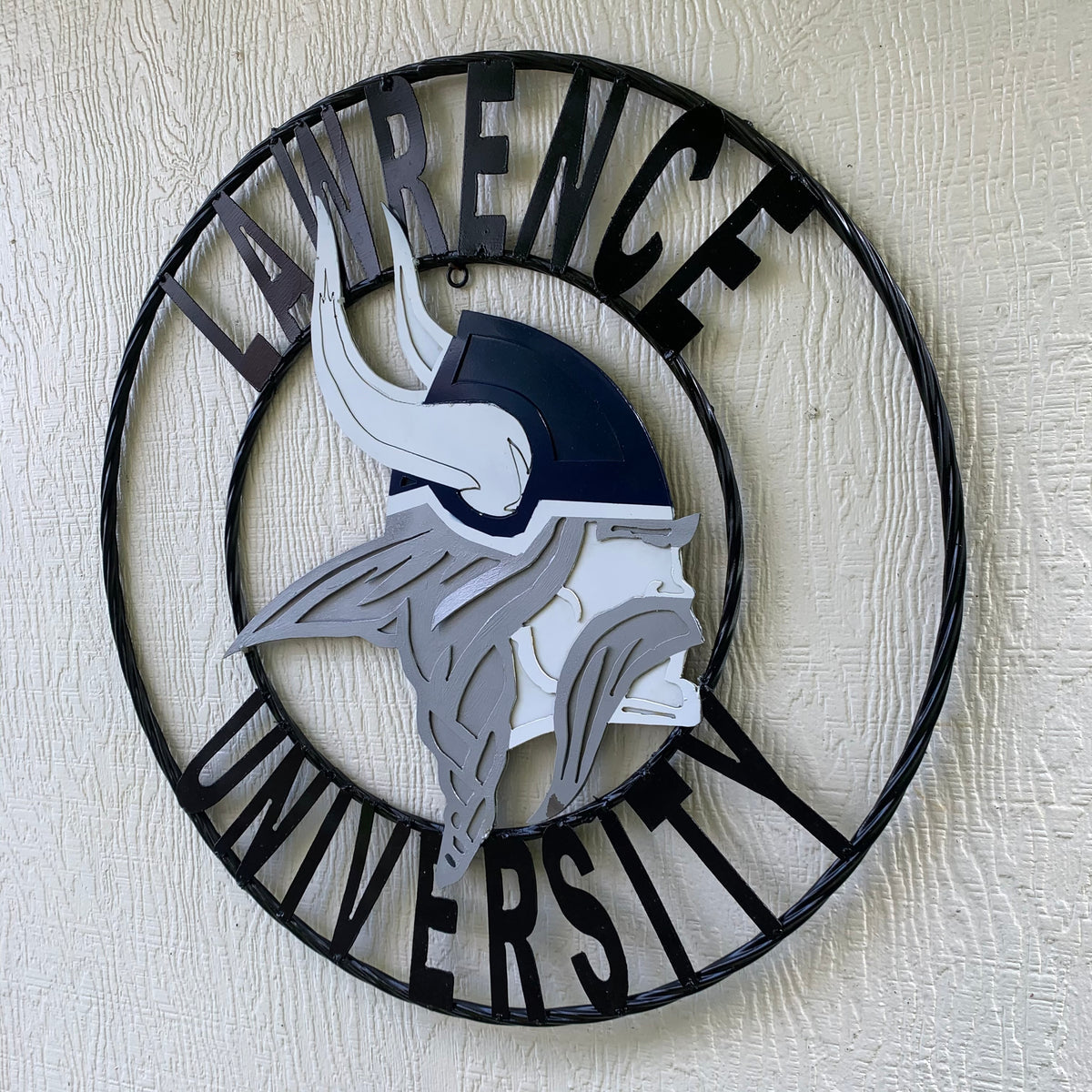 LAWRENCE UNIVERSITY METAL CUSTOM VINTAGE CRAFT WALL ART RUSTIC BLUE SILVER WHITE TEAM SIGN HANDMADE