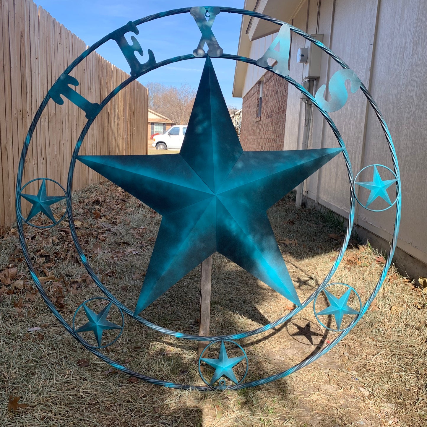 TEXAS LONESTAR TURQUOISE DISTRESSED TWO TONE METAL BARN STAR TWISTED ROPE RING WALL ART WESTERN HOME DECOR HANDMADE NEW #EH10483