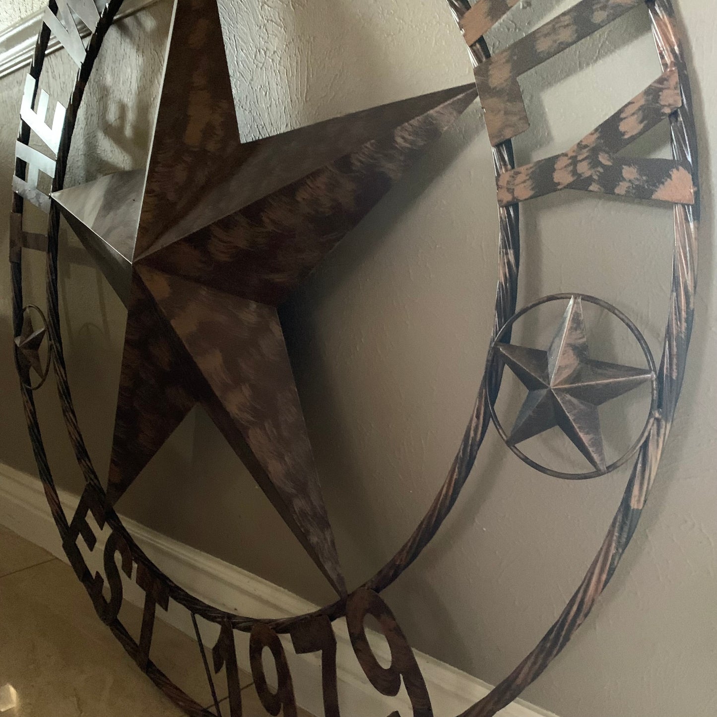 COLOMINA STYLE YOUR CUSTOM NAME BARN STAR BRONZE BRUSH COPPER METAL STAR 3d TWISTED ROPE RING COLOMINA WESTERN HOME DECOR RUSTIC VINTAGE HANDMADE 24",32",36",40",42",44",46",50"