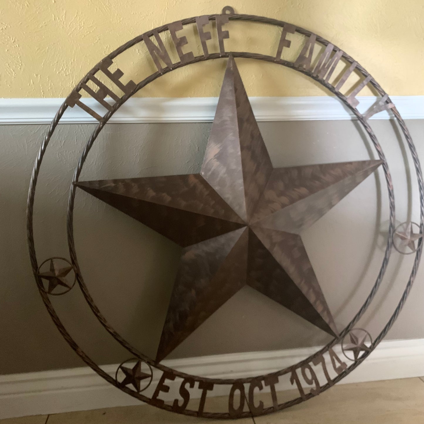 COLOMINA STYLE YOUR CUSTOM NAME BARN STAR BRONZE BRUSH COPPER METAL STAR 3d TWISTED ROPE RING COLOMINA WESTERN HOME DECOR RUSTIC VINTAGE HANDMADE 24",32",36",40",42",44",46",50"