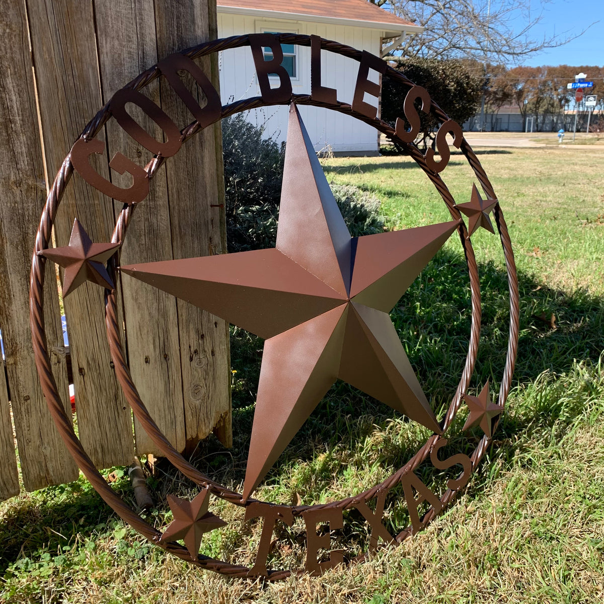 GOD BLESS TEXAS BROWN BARN STAR METAL LONE STAR TWISTED ROPE RING WESTERN HOME DECOR HANDMADE NEW #EH11085