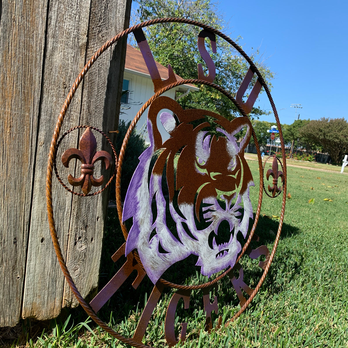 LSU TIGERS PURPLE WHITE CUSTOM METAL VINTAGE CRAFT SIGN TEAM WALL ART WESTERN HOME DECOR HANDMADE