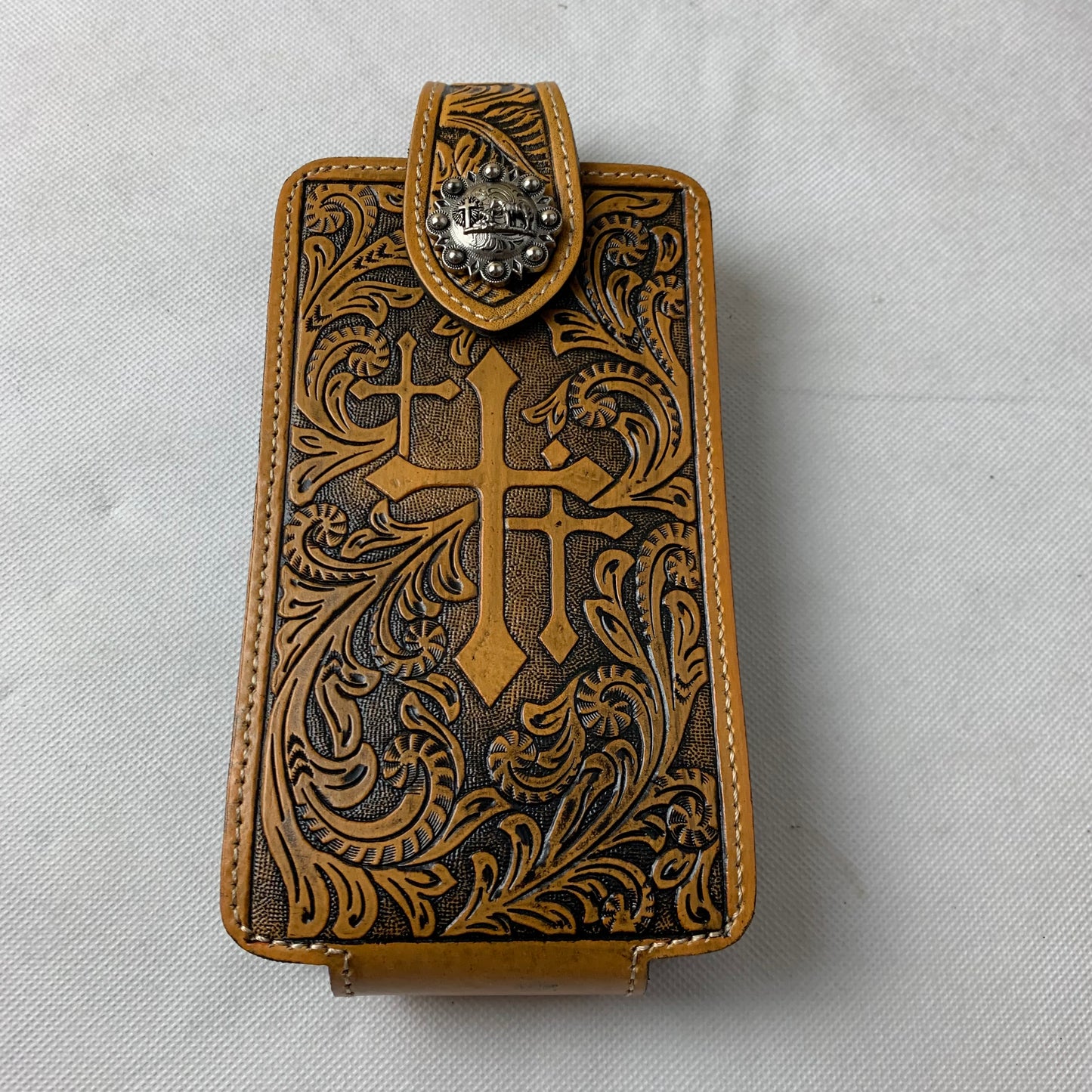 7" COWBOY PRAYER CROSS TAN BROWN  LEATHER POUCH EXTRA LARGE  BELT LOOP HOLSTER CELL PHONE CASE UNIVERSAL OVERSIZE #EH12968