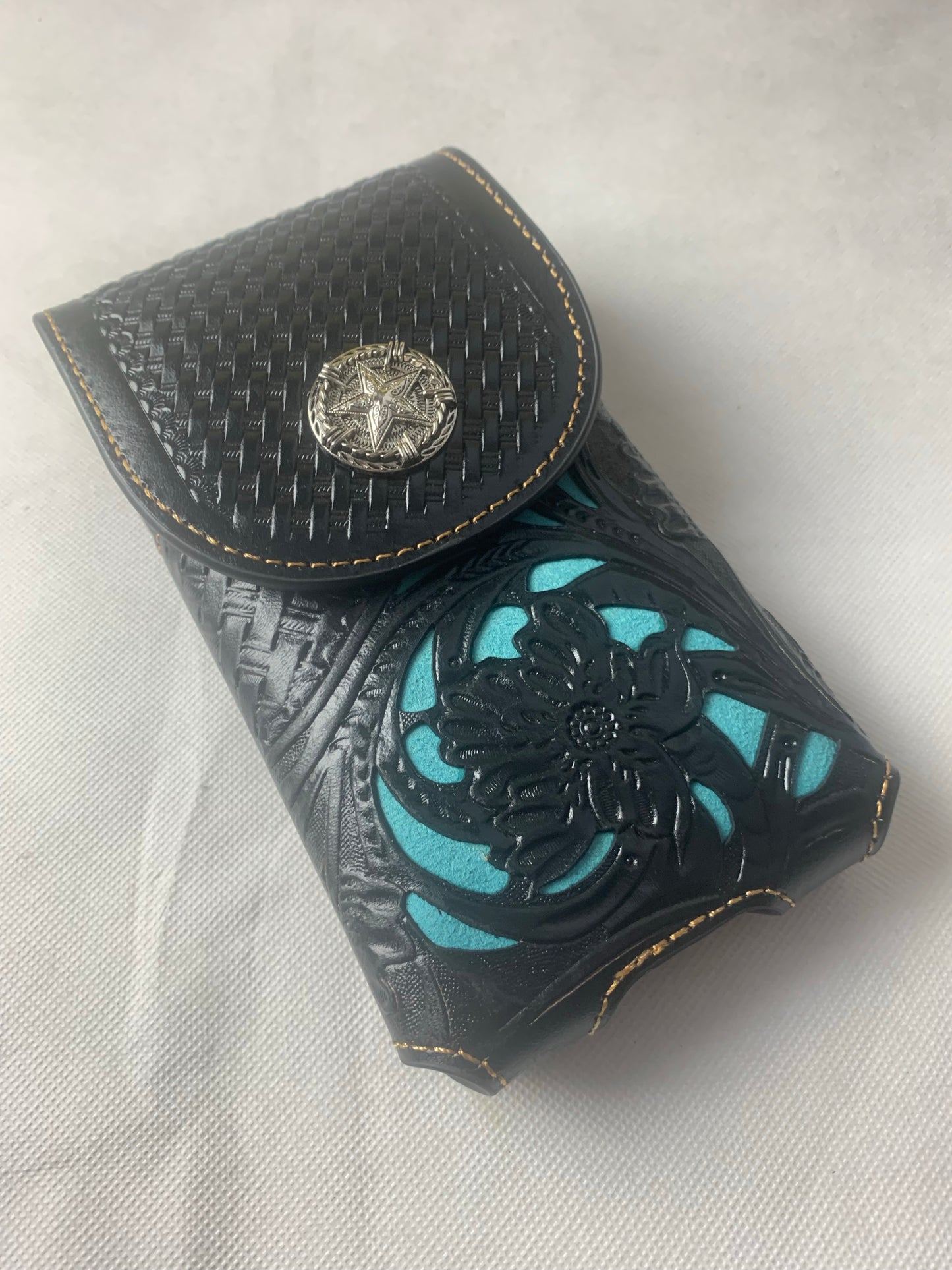 7" LONE STAR BLACK & TURQUOISE LEATHER HOLSTER POUCH EXTRA LARGE  BELT LOOP CELL PHONE CASE UNIVERSAL OVERSIZE--FREE SHIPPING