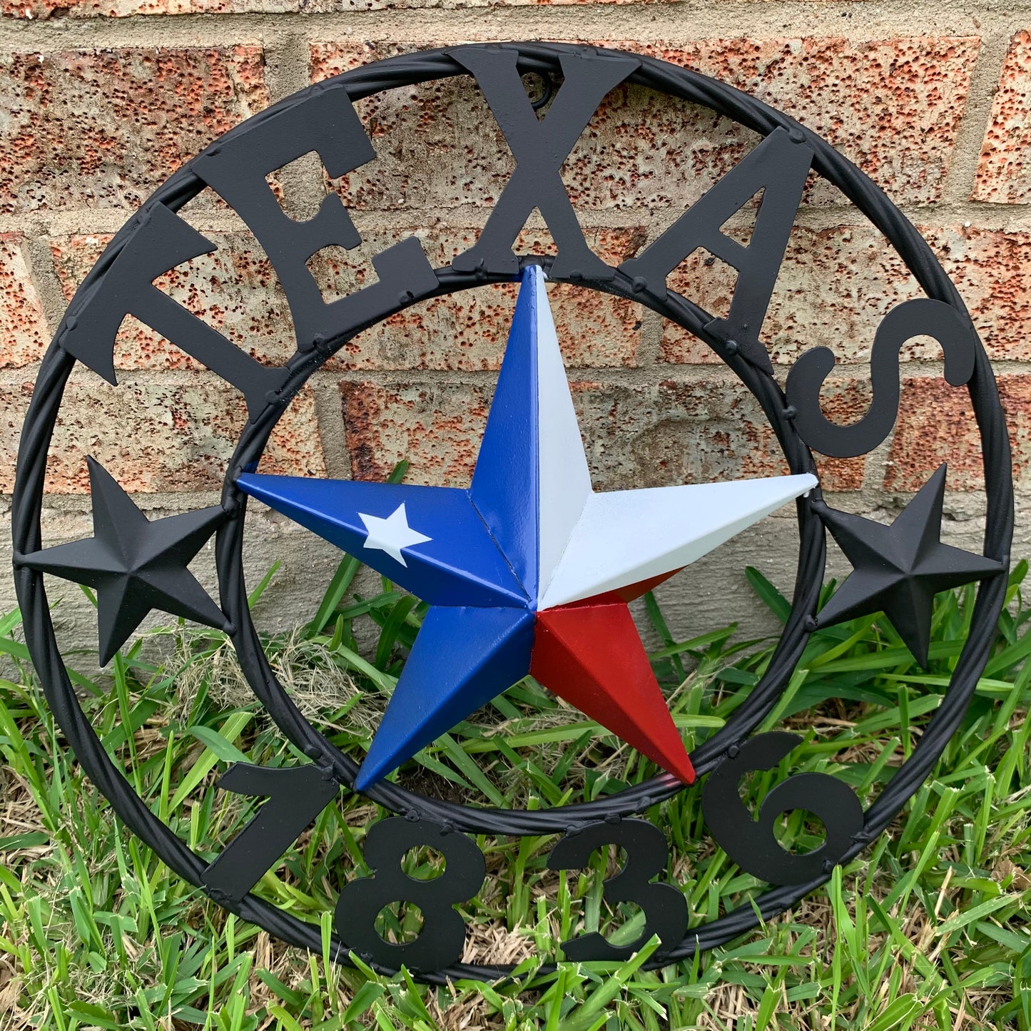 16" TEXAS 1836 RED WHITE BLUE TEXAS FLAG STAR & BLACK RING BARN STAR METAL WALL WESTERN HOME DECOR HANDMADE NEW ART