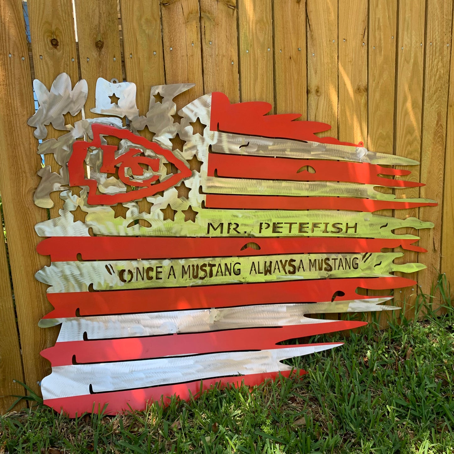 CUSTOM NAME KANSAS CITY CHIEFS METAL TATTERED FLAG CUSTOM VINTAGE CRAFT WALL ART HANDMADE