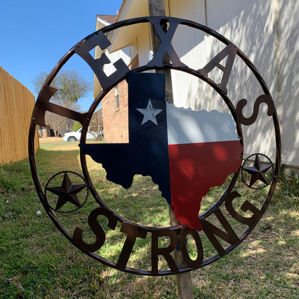 TEXAS STRONG SIGN METAL WALL ART WESTERN HOME DECOR RED WHITE BLUE WITH BRONZE RING HANDMADE #EH13212