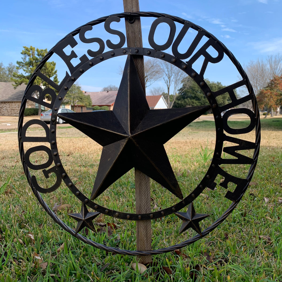 24" GOD BLESS OUR HOME BEADED STAR COLIBROX METAL TWISTED ROPE RING LONE STAR WALL ART WESTERN HOME DECOR RUSTIC DARK BRONZE COPPER HANDMADE NEW