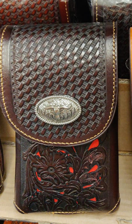7" LONGHORNS BROWN & RED LEATHER POUCH EXTRA LARGE  BELT LOOP HOLSTER CELL PHONE CASE UNIVERSAL OVERSIZE--FREE SHIPPING