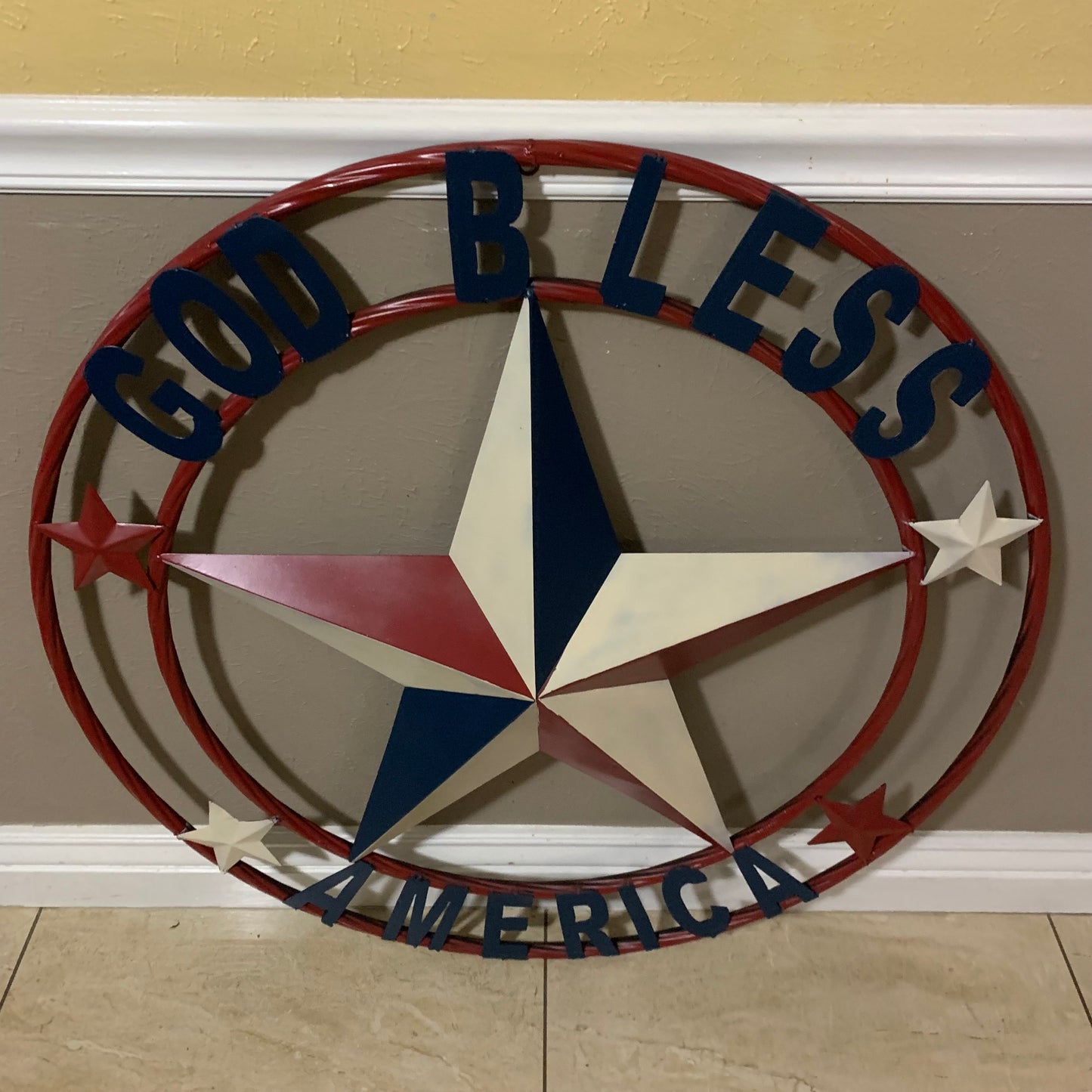 #EH10489 GOD BLESS AMERICA USA FLAG BARN STAR METAL RED WHITE BLUE WESTER HOME DECOR HANDMADE NEW