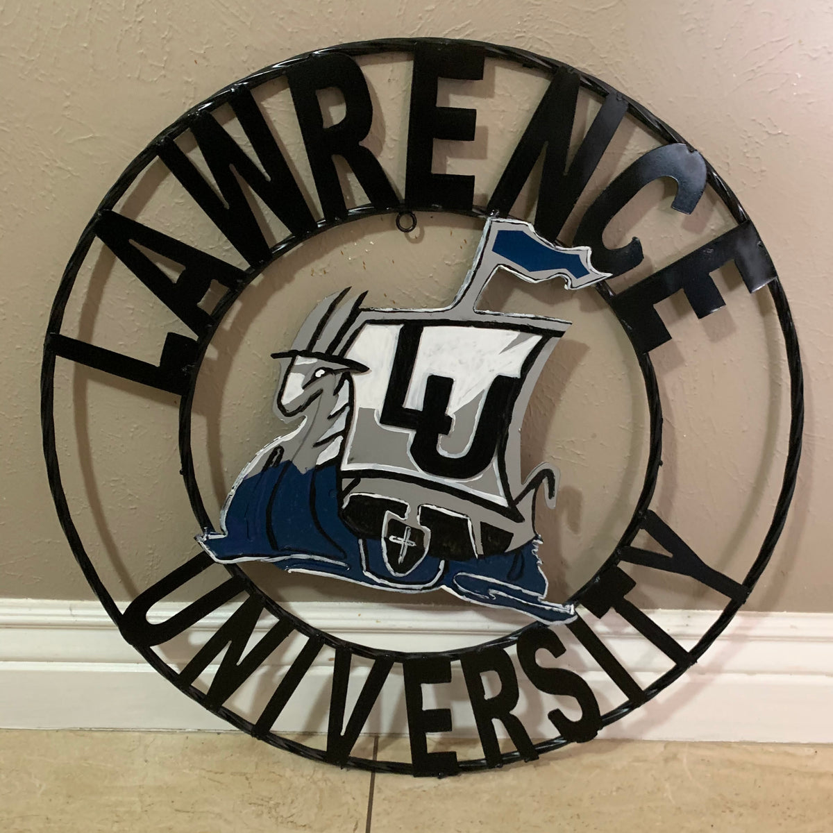 LAWRENCE UNIVERSITY METAL CUSTOM VINTAGE CRAFT WALL ART RUSTIC BLUE SILVER WHITE TEAM SIGN HANDMADE