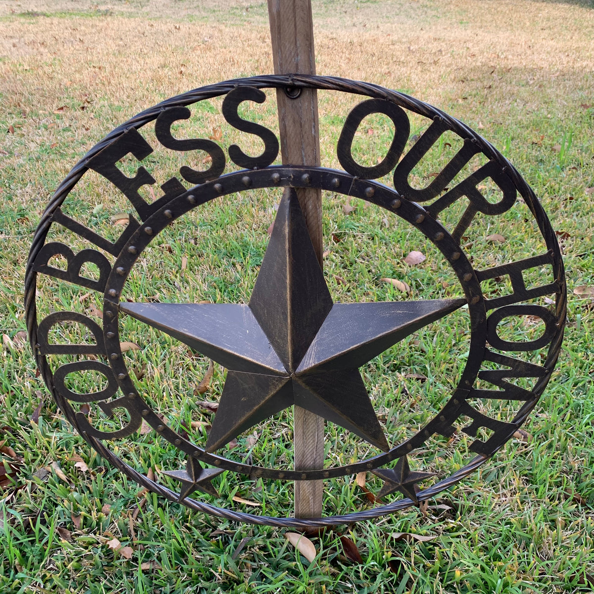 24" GOD BLESS OUR HOME BEADED STAR COLIBROX METAL TWISTED ROPE RING LONE STAR WALL ART WESTERN HOME DECOR RUSTIC DARK BRONZE COPPER HANDMADE NEW