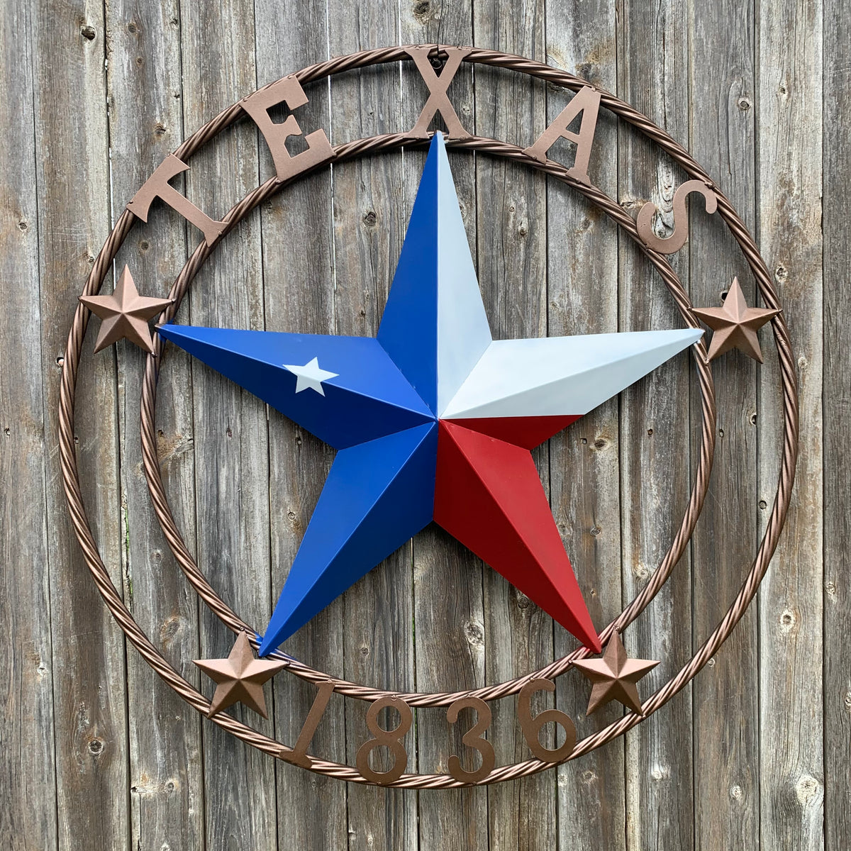 TEXAS 1836  FLAG STAR RED WHITE BLUE BARN STAR TWISTED ROPE RING BRONZE WESTERN HOME DECOR  #EH10958
