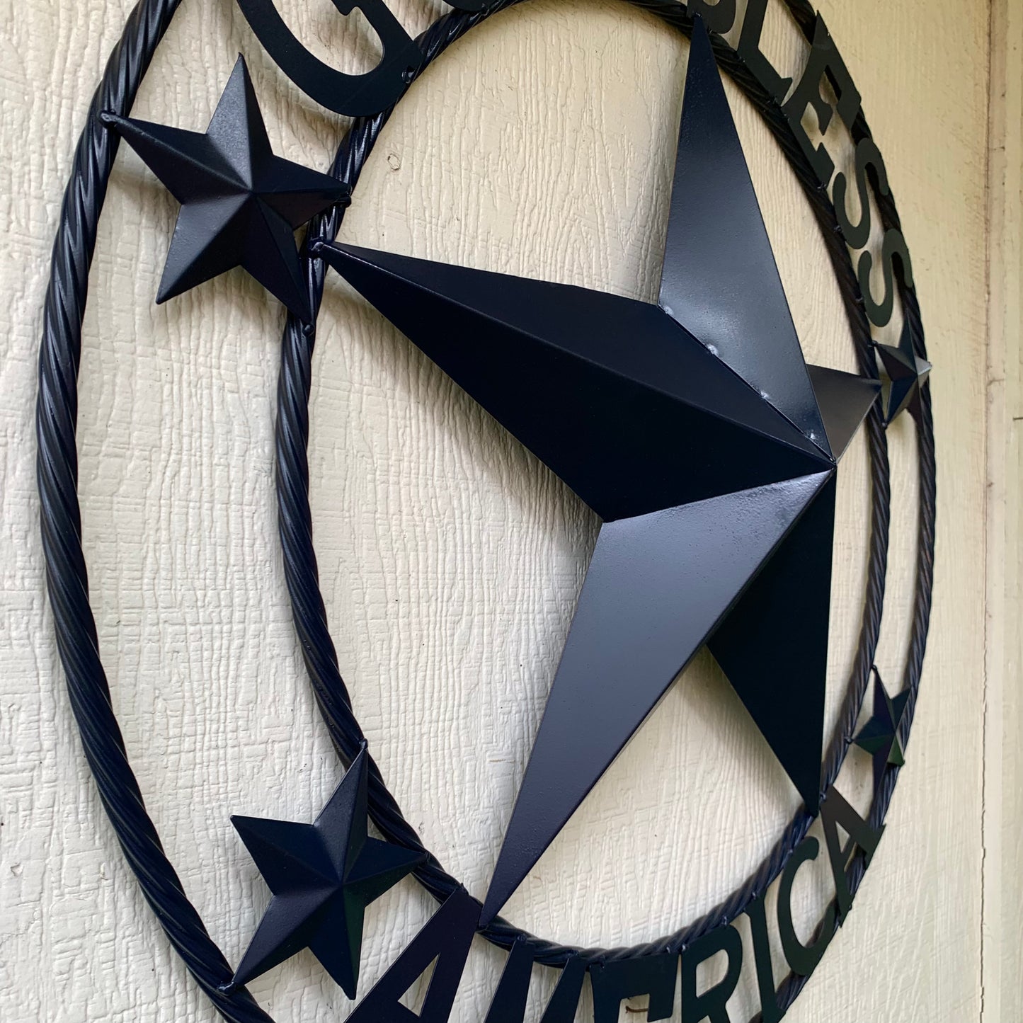 GOD BLESS AMERICA NAVY BLUE METAL BARN STAR RING ART WESTERN HOME DECOR NEW-#EH10131