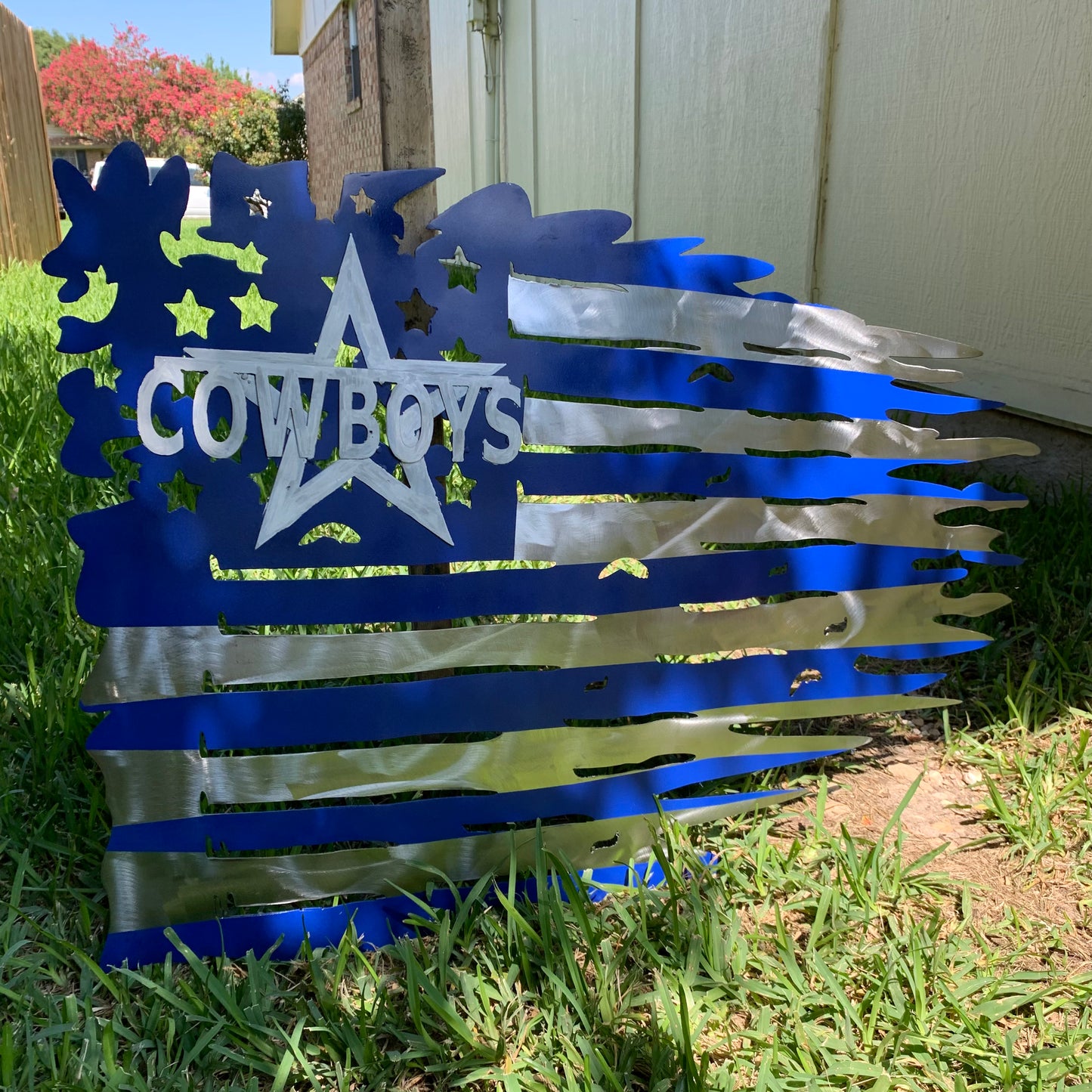 DALLAS COWBOYS METAL TATTERED FLAG BRIGHT BLUE & SILVER CUSTOM VINTAGE CRAFT TEAM SIGN HANDMADE