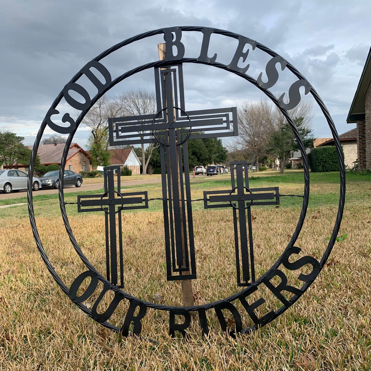 40"GOD BLESS OUR RIDERS CRUCIFIX BLACK CROSS METAL WALL ART HANDMADE