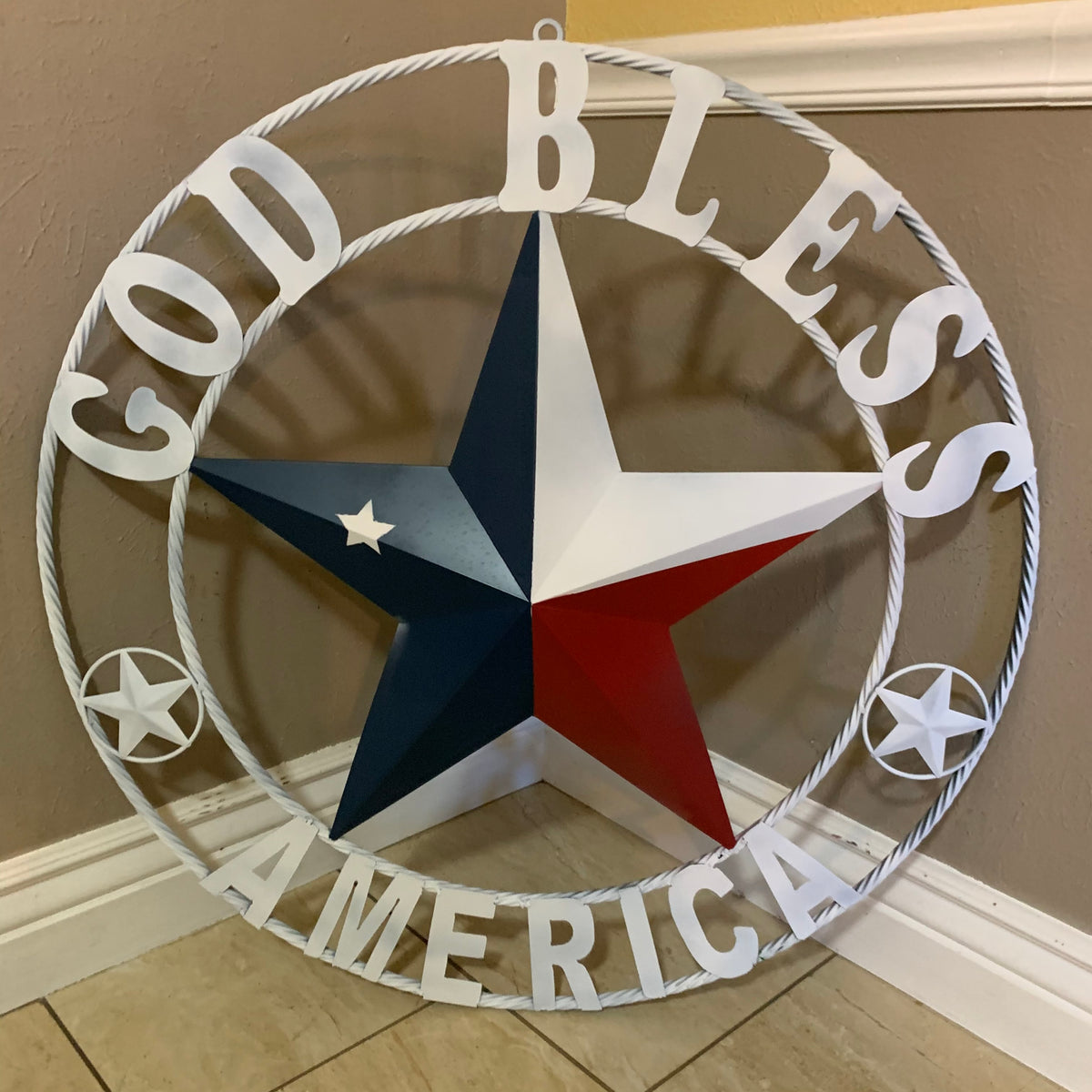 GOD BLESS AMERICA WHITE RING & RED WHITE BLUE BARN METAL STAR TWISTED RING HANDMADE NEW