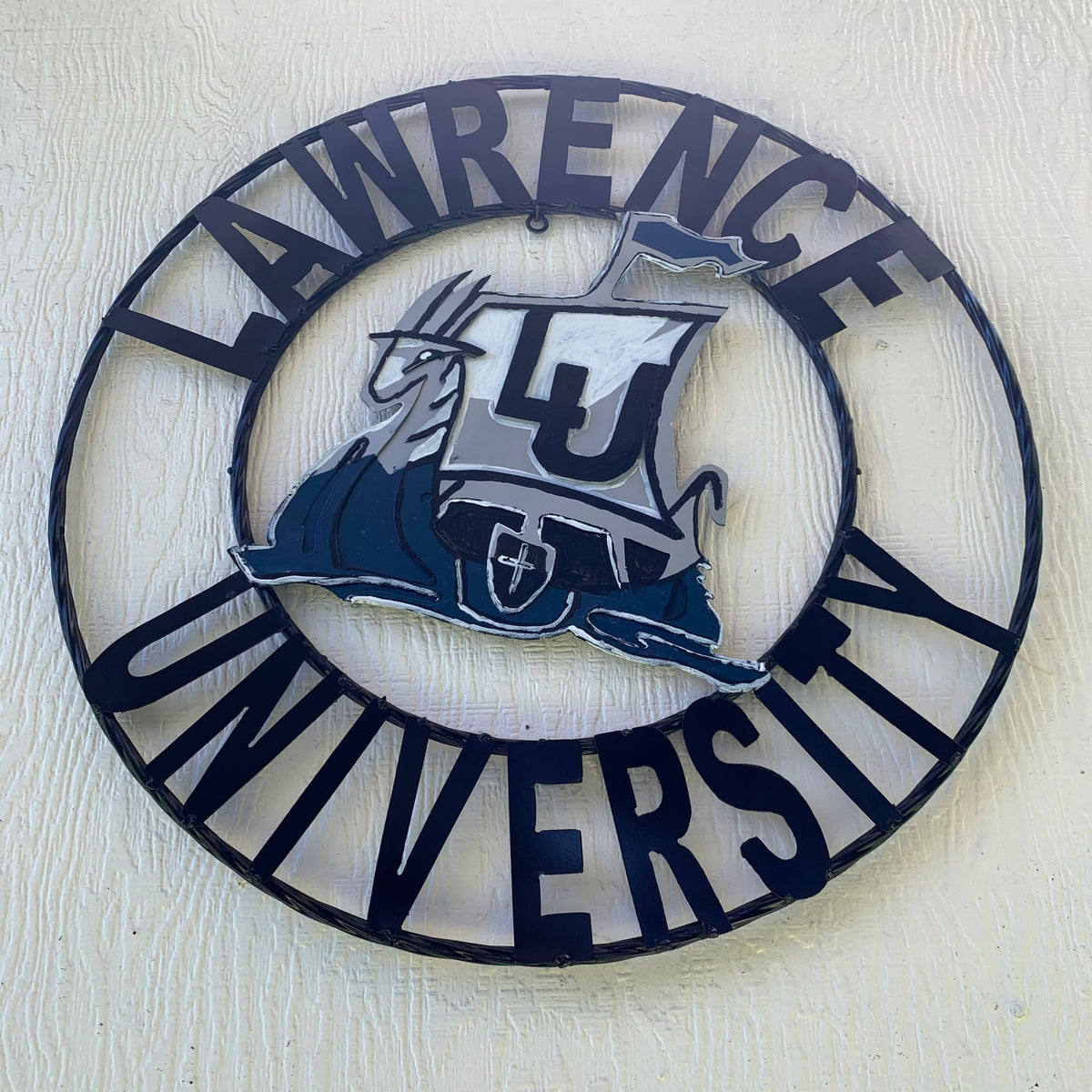 LAWRENCE UNIVERSITY METAL CUSTOM VINTAGE CRAFT WALL ART RUSTIC BLUE SILVER WHITE TEAM SIGN HANDMADE