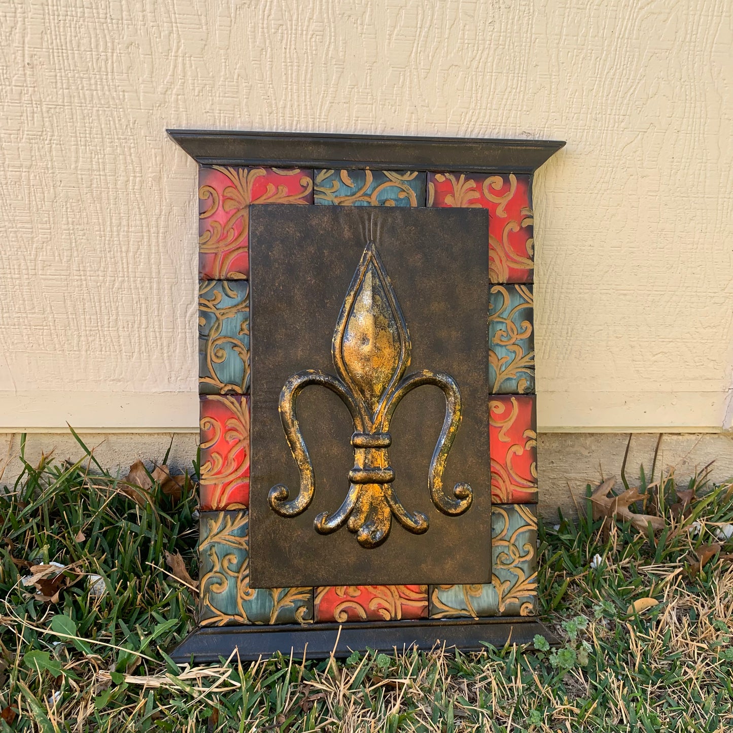 RA7868 FLEUR DE LIS SQUARE WALL DECOR WESTERN HOME DECOR 24" X 16" HANDMADE NEW
