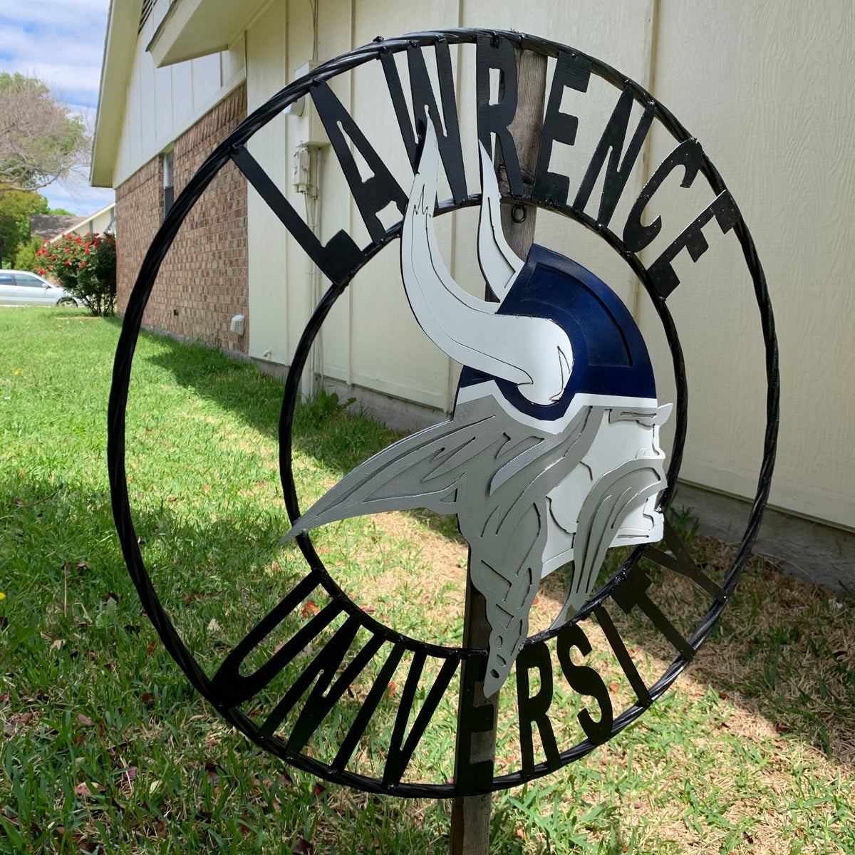 LAWRENCE UNIVERSITY METAL CUSTOM VINTAGE CRAFT WALL ART RUSTIC BLUE SILVER WHITE TEAM SIGN HANDMADE